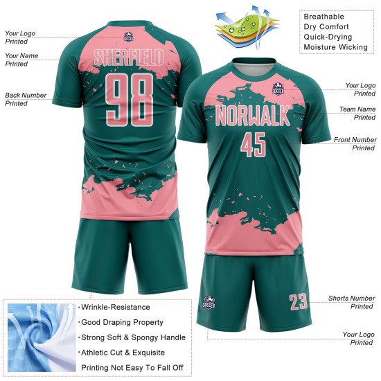 Maglia da calcio personalizzata con stampa a sublimazione di medie dimensioni, motivo astratto, rosa e bianco, frammento verde acqua Maglia da calcio personalizzata con stampa a sublimazione di medie dimensioni, motivo astratto, rosa e bianco, frammento verde acqua