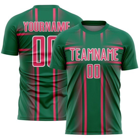 Maglia da calcio personalizzata con stampa a sublimazione al neon, linee Kelly Green, uniforme rosa-bianca Maglia da calcio personalizzata con stampa a sublimazione al neon, linee Kelly Green, uniforme rosa-bianca
