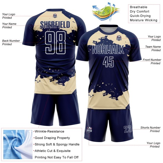 Maglia da calcio personalizzata con frammento astratto, stampata a sublimazione, uniforme blu navy, crema e bianco Maglia da calcio personalizzata con frammento astratto, stampata a sublimazione, uniforme blu navy, crema e bianco