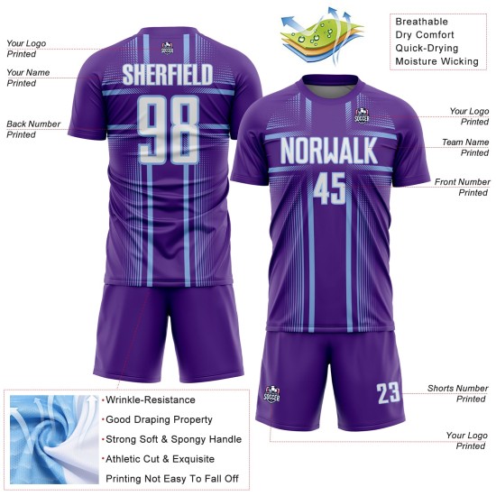 Maglia da calcio personalizzata con stampa sublimatica blu e viola, divisa da calcio bianca e chiara Maglia da calcio personalizzata con stampa sublimatica blu e viola, divisa da calcio bianca e chiara