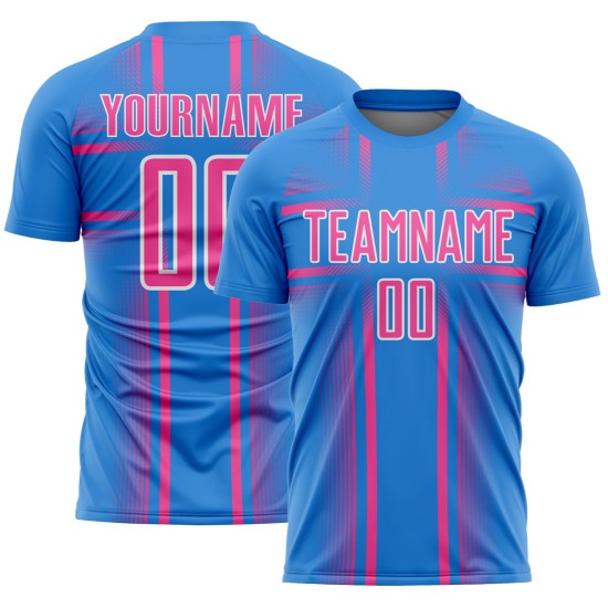 Maglia da calcio personalizzata con stampa sublimatica delle linee blu, uniforme rosa-bianca Maglia da calcio personalizzata con stampa sublimatica delle linee blu, uniforme rosa-bianca
