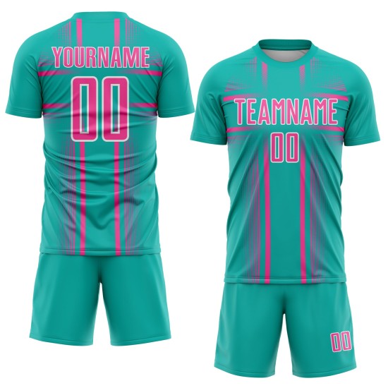 Maglia da calcio personalizzata con linee uniformi rosa-bianche, stampa a sublimazione, acquamarina Maglia da calcio personalizzata con linee uniformi rosa-bianche, stampa a sublimazione, acquamarina