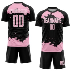 Maglia da calcio nera, frammento di luce astratta rosa-bianca, uniforme, sublimazione artistica personalizzata Maglia da calcio nera, frammento di luce astratta rosa-bianca, uniforme, sublimazione artistica personalizzata