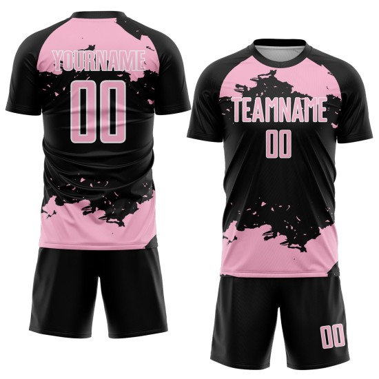 Maglia da calcio nera, frammento di luce astratta rosa-bianca, uniforme, sublimazione artistica personalizzata Maglia da calcio nera, frammento di luce astratta rosa-bianca, uniforme, sublimazione artistica personalizzata