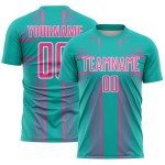 Maglia da calcio personalizzata con linee uniformi rosa-bianche, stampa a sublimazione, acquamarina Maglia da calcio personalizzata con linee uniformi rosa-bianche, stampa a sublimazione, acquamarina