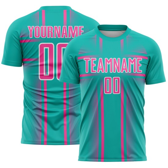 Maglia da calcio personalizzata con linee uniformi rosa-bianche, stampa a sublimazione, acquamarina Maglia da calcio personalizzata con linee uniformi rosa-bianche, stampa a sublimazione, acquamarina