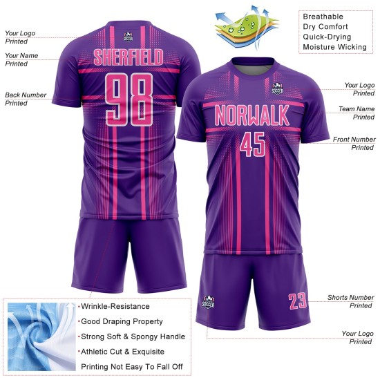 Maglia da calcio personalizzata con linee viola e stampa sublimatica rosa-bianca Maglia da calcio personalizzata con linee viola e stampa sublimatica rosa-bianca