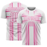 Maglia da calcio con stampa a sublimazione uniforme, linee personalizzate bianche e rosa Maglia da calcio con stampa a sublimazione uniforme, linee personalizzate bianche e rosa