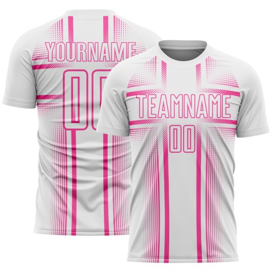 Maglia da calcio con stampa a sublimazione uniforme, linee personalizzate bianche e rosa Maglia da calcio con stampa a sublimazione uniforme, linee personalizzate bianche e rosa