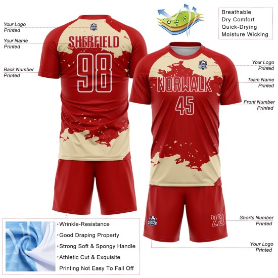 Maglia da calcio personalizzata astratta con frammento rosso e bianco panna, stampata a sublimazione artistica Maglia da calcio personalizzata astratta con frammento rosso e bianco panna, stampata a sublimazione artistica