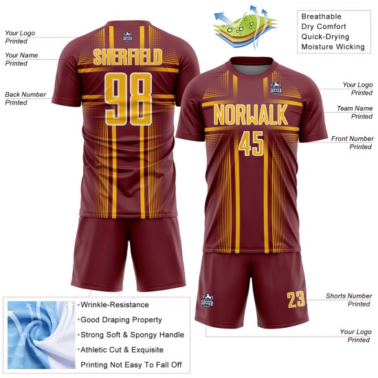 Maglia personalizzata da calcio con stampa sublimatica bordeaux e oro-bianco Maglia personalizzata da calcio con stampa sublimatica bordeaux e oro-bianco