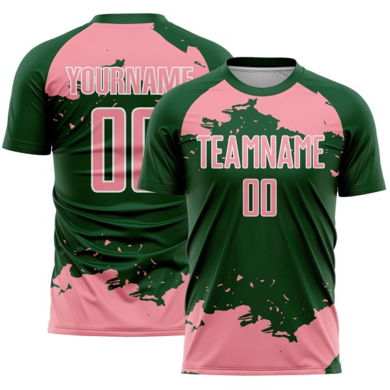 Frammento di uniforme da calcio con stampa a sublimazione astratta rosa-bianca su maglia verde personalizzata Frammento di uniforme da calcio con stampa a sublimazione astratta rosa-bianca su maglia verde personalizzata
