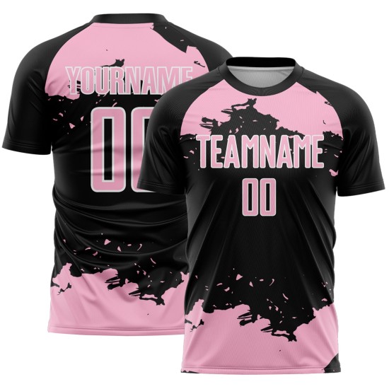 Maglia da calcio nera, frammento di luce astratta rosa-bianca, uniforme, sublimazione artistica personalizzata Maglia da calcio nera, frammento di luce astratta rosa-bianca, uniforme, sublimazione artistica personalizzata