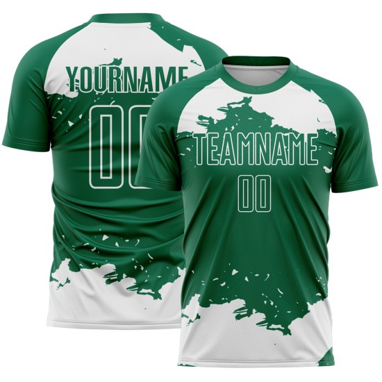 Maglia da calcio Kelly bianca personalizzata con tecnica di sublimazione, frammento astratto verde Maglia da calcio Kelly bianca personalizzata con tecnica di sublimazione, frammento astratto verde