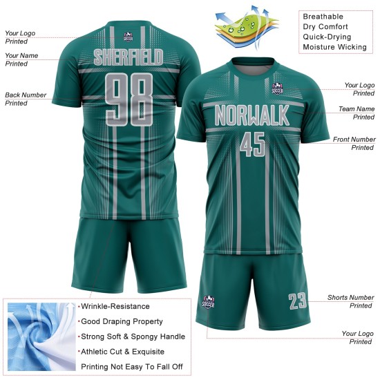 Maglia da calcio con linee uniformi, colore grigio-verde acqua e bianco, stampata a sublimazione personalizzata Maglia da calcio con linee uniformi, colore grigio-verde acqua e bianco, stampata a sublimazione personalizzata