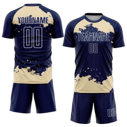Maglia da calcio personalizzata con frammento astratto, stampata a sublimazione, uniforme blu navy, crema e bianco Maglia da calcio personalizzata con frammento astratto, stampata a sublimazione, uniforme blu navy, crema e bianco