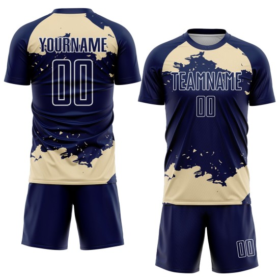 Maglia da calcio personalizzata con frammento astratto, stampata a sublimazione, uniforme blu navy, crema e bianco Maglia da calcio personalizzata con frammento astratto, stampata a sublimazione, uniforme blu navy, crema e bianco