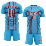Maglia da calcio personalizzata con sublimazione, linee blu, uniforme rossa e bianca Maglia da calcio personalizzata con sublimazione, linee blu, uniforme rossa e bianca