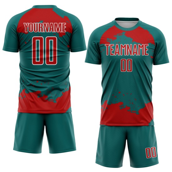 Frammento astratto di maglia da calcio personalizzata in rosso-verde acqua e bianco, sublimazione artistica