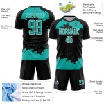 Maglia artistica con sublimazione, frammento di uniforme da calcio personalizzata, astratta, nera, acquamarina e bianca Maglia artistica con sublimazione, frammento di uniforme da calcio personalizzata, astratta, nera, acquamarina e bianca