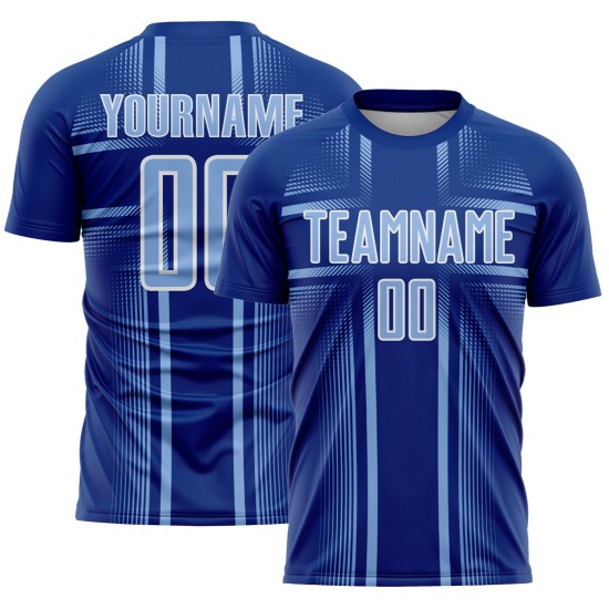 Maglia da calcio personalizzata Royal Soccer con linee chiare stampate a sublimazione, blu e bianco Maglia da calcio personalizzata Royal Soccer con linee chiare stampate a sublimazione, blu e bianco
