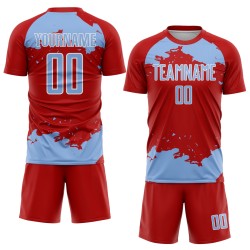 Frammento di maglia personalizzata sublimazione blu-bianca uniforme da calcio luce rossa arte astratta Frammento di maglia personalizzata sublimazione blu-bianca uniforme da calcio luce rossa arte astratta
