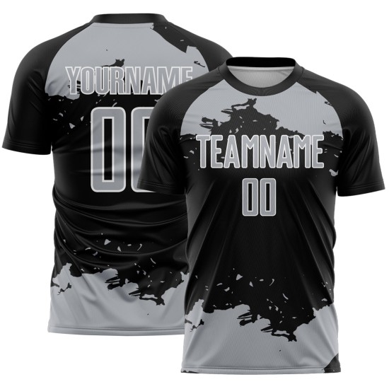 Maglia nera con frammento astratto, uniforme da calcio, stampata su sublimazione, grigio-bianco, personalizzata Maglia nera con frammento astratto, uniforme da calcio, stampata su sublimazione, grigio-bianco, personalizzata