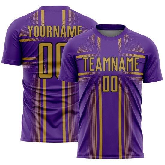 Maglia da calcio personalizzata con linee viola uniforme stampata a sublimazione, oro antico-nero Maglia da calcio personalizzata con linee viola uniforme stampata a sublimazione, oro antico-nero