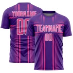 Maglia da calcio personalizzata con linee viola e stampa sublimatica rosa-bianca Maglia da calcio personalizzata con linee viola e stampa sublimatica rosa-bianca