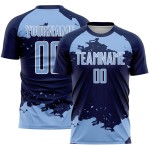 Maglia da calcio blu navy-bianca personalizzata con frammento di sublimazione, arte uniforme Maglia da calcio blu navy-bianca personalizzata con frammento di sublimazione, arte uniforme