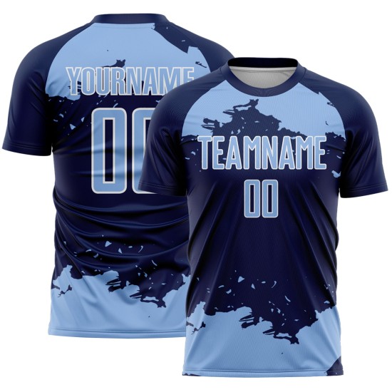 Maglia da calcio blu navy-bianca personalizzata con frammento di sublimazione, arte uniforme Maglia da calcio blu navy-bianca personalizzata con frammento di sublimazione, arte uniforme