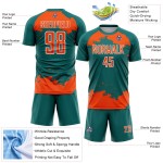 Maglia personalizzata astratta uniforme arancione-bianca sublimazione frammento d'arte verde acqua calcio Maglia personalizzata astratta uniforme arancione-bianca sublimazione frammento d'arte verde acqua calcio