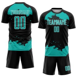 Maglia artistica con sublimazione, frammento di uniforme da calcio personalizzata, astratta, nera, acquamarina e bianca Maglia artistica con sublimazione, frammento di uniforme da calcio personalizzata, astratta, nera, acquamarina e bianca