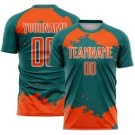 Maglia personalizzata astratta uniforme arancione-bianca sublimazione frammento d'arte verde acqua calcio Maglia personalizzata astratta uniforme arancione-bianca sublimazione frammento d'arte verde acqua calcio