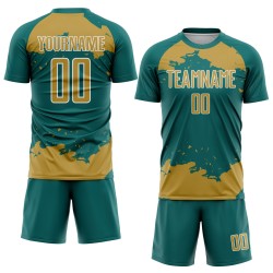 Frammento di arte astratta della vecchia maglia con sublimazione, uniforme da calcio personalizzata in oro e bianco, verde acqua Frammento di arte astratta della vecchia maglia con sublimazione, uniforme da calcio personalizzata in oro e bianco, verde acqua