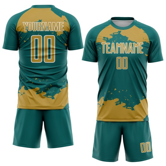 Frammento di arte astratta della vecchia maglia con sublimazione, uniforme da calcio personalizzata in oro e bianco, verde acqua