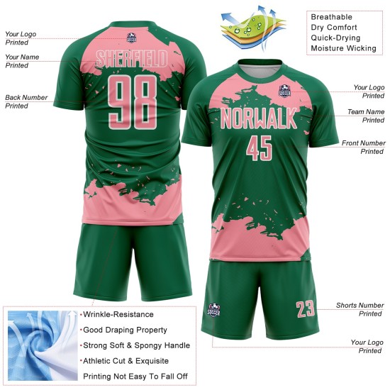 Maglia verde personalizzata Kelly, frammento artistico, stampa astratta rosa-bianca, sublimazione, calcio medio Maglia verde personalizzata Kelly, frammento artistico, stampa astratta rosa-bianca, sublimazione, calcio medio