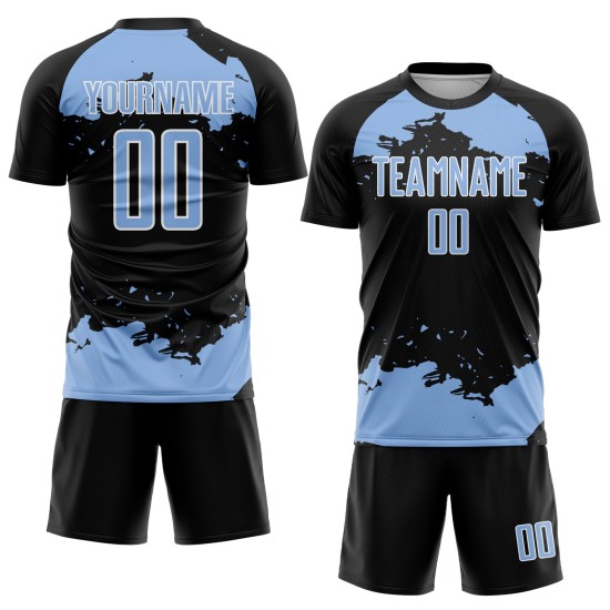 Maglia da calcio personalizzata con motivo astratto leggero, stampata a sublimazione, blu-bianco, uniforme nera Maglia da calcio personalizzata con motivo astratto leggero, stampata a sublimazione, blu-bianco, uniforme nera
