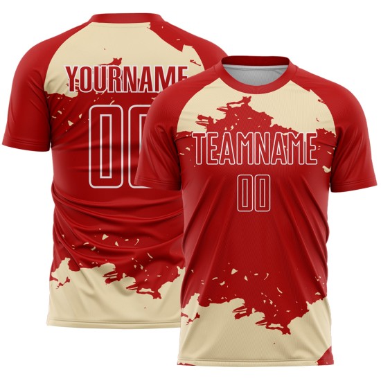 Maglia da calcio personalizzata astratta con frammento rosso e bianco panna, stampata a sublimazione artistica Maglia da calcio personalizzata astratta con frammento rosso e bianco panna, stampata a sublimazione artistica