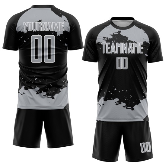 Maglia nera con frammento astratto, uniforme da calcio, stampata su sublimazione, grigio-bianco, personalizzata Maglia nera con frammento astratto, uniforme da calcio, stampata su sublimazione, grigio-bianco, personalizzata