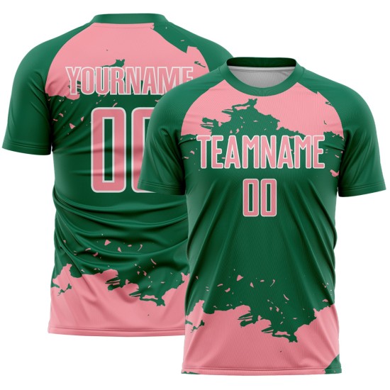 Maglia verde personalizzata Kelly, frammento artistico, stampa astratta rosa-bianca, sublimazione, calcio medio Maglia verde personalizzata Kelly, frammento artistico, stampa astratta rosa-bianca, sublimazione, calcio medio