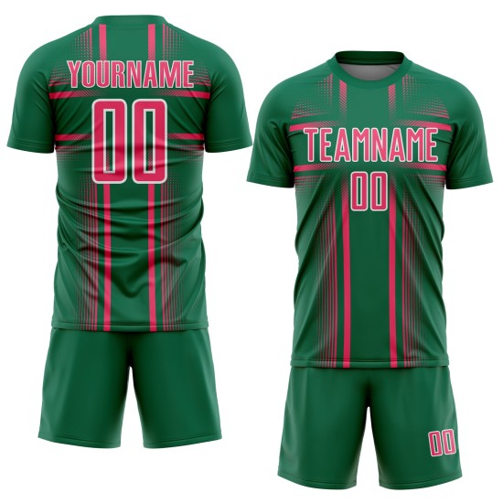 Maglia da calcio personalizzata con stampa a sublimazione al neon, linee Kelly Green, uniforme rosa-bianca Maglia da calcio personalizzata con stampa a sublimazione al neon, linee Kelly Green, uniforme rosa-bianca