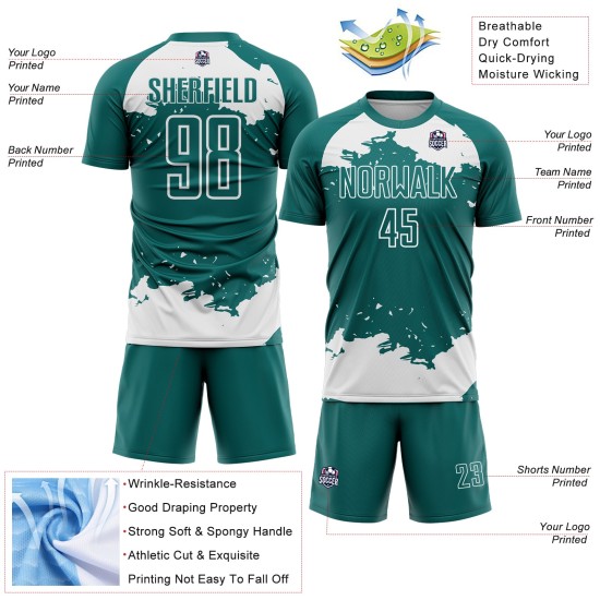 Maglia da calcio personalizzata bianca con sublimazione di frammenti astratti, colore verde acqua Maglia da calcio personalizzata bianca con sublimazione di frammenti astratti, colore verde acqua