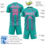 Maglia da calcio personalizzata con linee uniformi rosa-bianche, stampa a sublimazione, acquamarina Maglia da calcio personalizzata con linee uniformi rosa-bianche, stampa a sublimazione, acquamarina