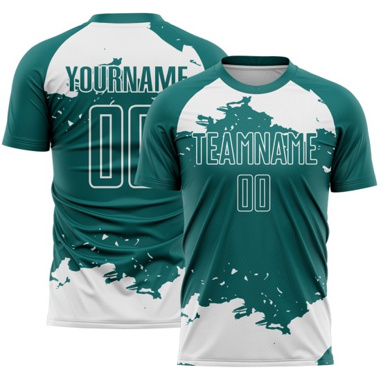 Maglia da calcio personalizzata bianca con sublimazione di frammenti astratti, colore verde acqua Maglia da calcio personalizzata bianca con sublimazione di frammenti astratti, colore verde acqua