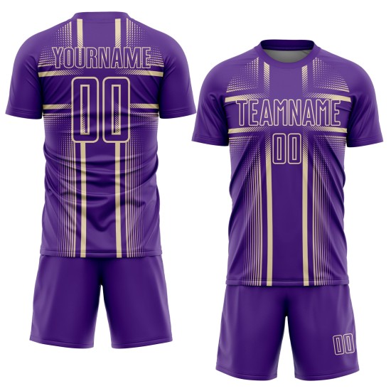 Maglia da calcio personalizzata con stampa sublimatica viola e crema Maglia da calcio personalizzata con stampa sublimatica viola e crema