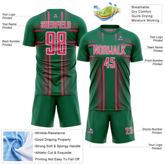 Maglia da calcio personalizzata con stampa a sublimazione al neon, linee Kelly Green, uniforme rosa-bianca Maglia da calcio personalizzata con stampa a sublimazione al neon, linee Kelly Green, uniforme rosa-bianca