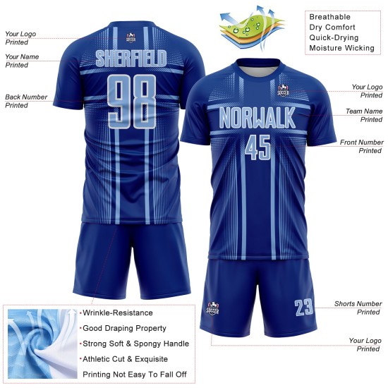 Maglia da calcio personalizzata Royal Soccer con linee chiare stampate a sublimazione, blu e bianco Maglia da calcio personalizzata Royal Soccer con linee chiare stampate a sublimazione, blu e bianco