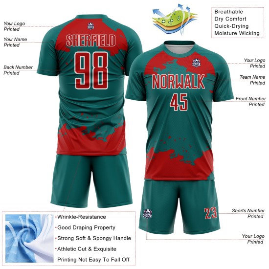 Frammento astratto di maglia da calcio personalizzata in rosso-verde acqua e bianco, sublimazione artistica
