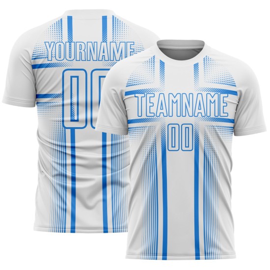 Maglia da calcio personalizzata con stampa sublimatica blu polvere e linee bianche Maglia da calcio personalizzata con stampa sublimatica blu polvere e linee bianche